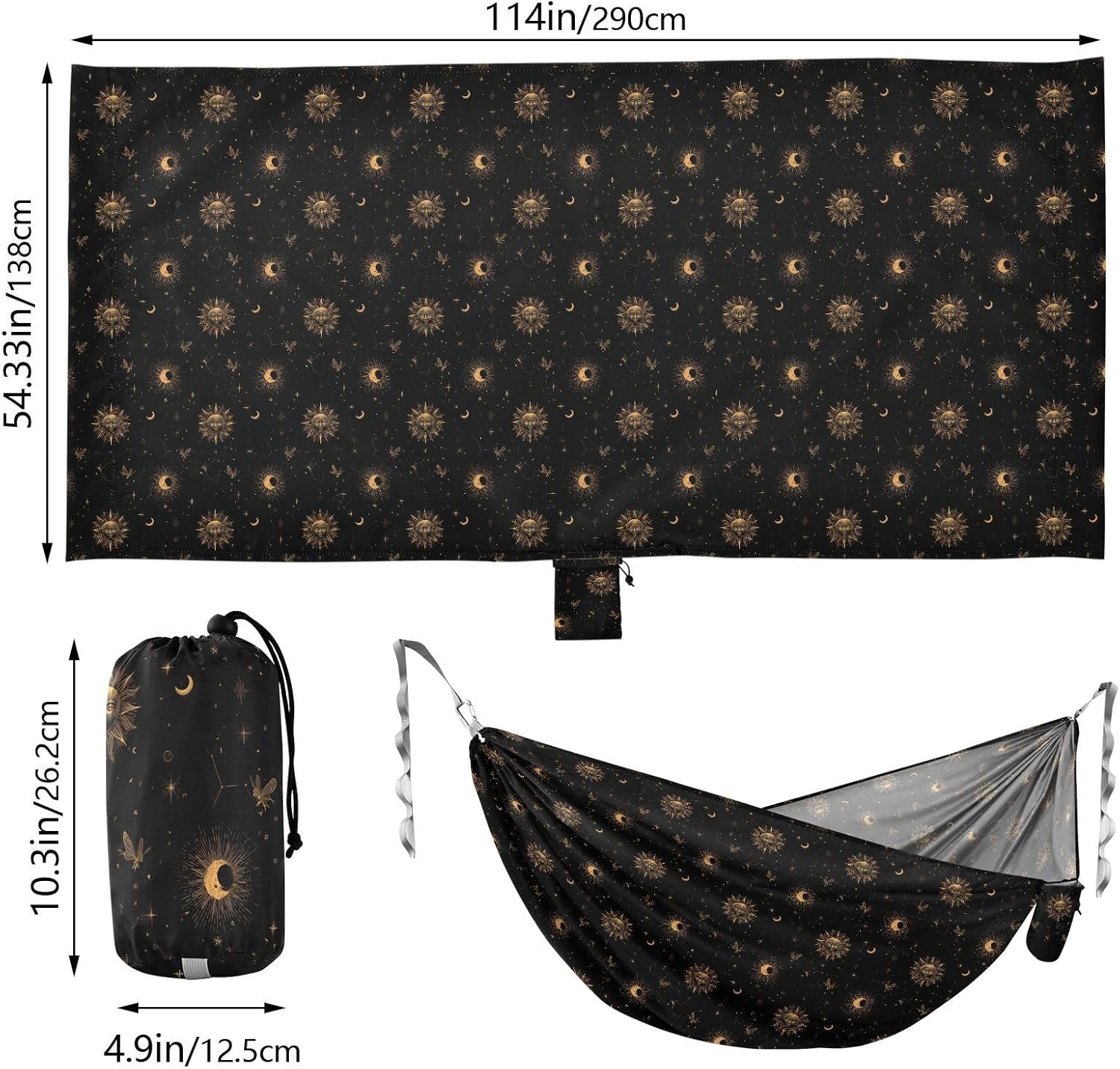 ALAZA Sun Moon Stars Astrology Camping Hammocks Single or 2 Person 500 lbs Portable Parachute Travel Hammock w/Tree Straps for Hiking Backpacking Indoor Outdoor