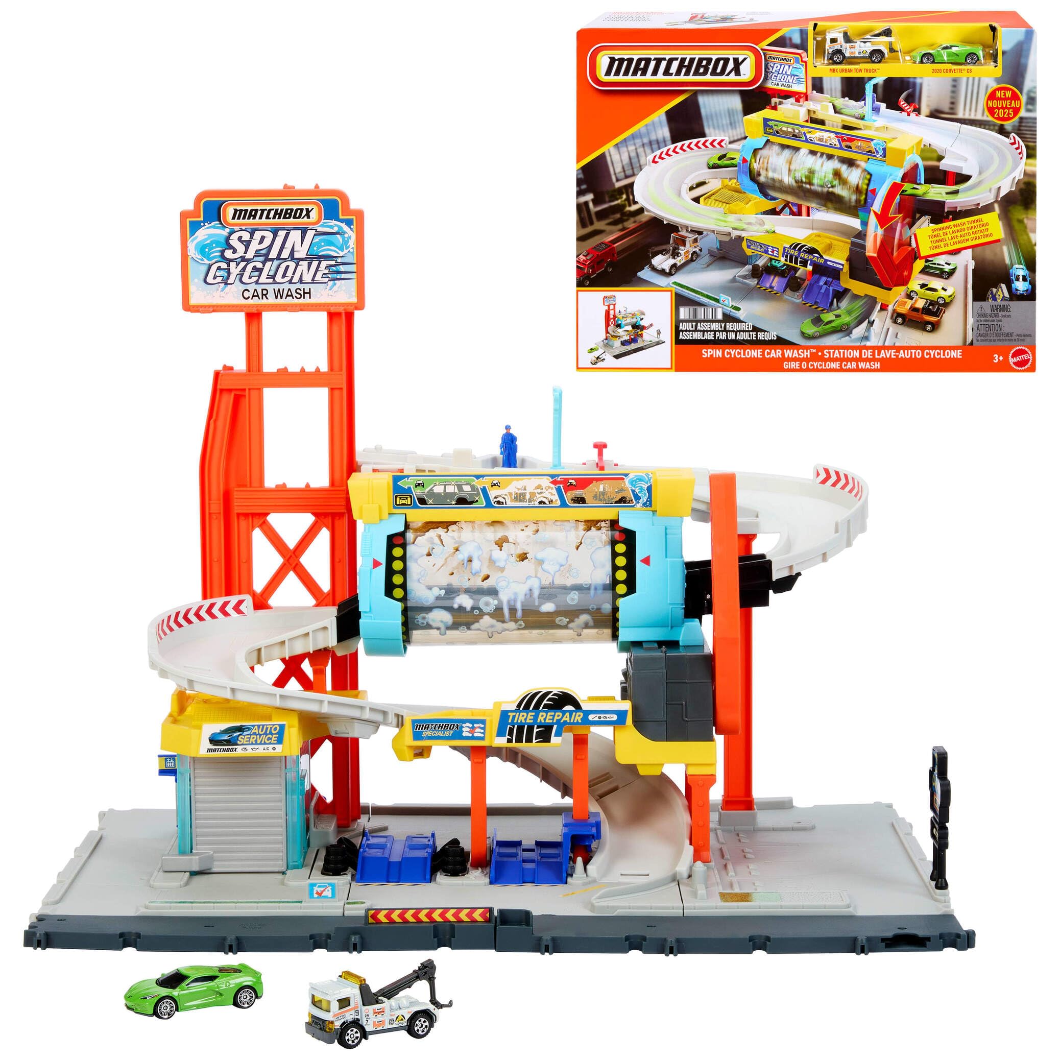 Matchbox Spin Cyclone Car Wash Conjunto de pistas, conjunto de juego con Corvette y grúa a escala 1:64 y túnel de lavado giratorio, taller y aparcamiento, JGB68