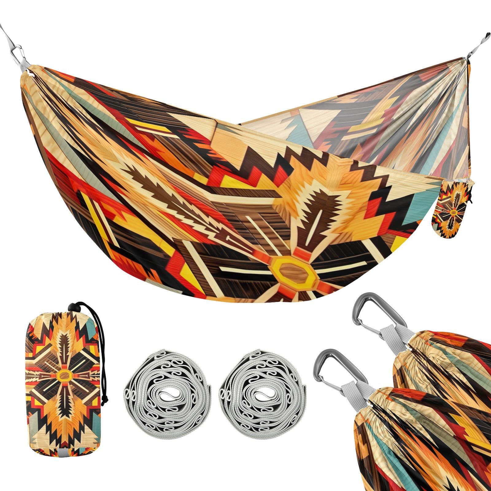 SDMKA Indian Geometric Pattern Camping Hammock, 330 lbs with 2 Tree Straps, Carry Bag, Single Portable Hammock for Outdoor/Indoor, Hiking, Beach, Backpacking, Travel