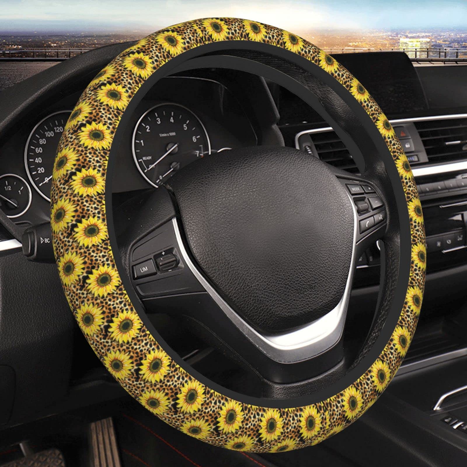 Sunflower Leopard Print Auto Car Steering Wheel Cover Universal 15 Inch Neoprene Interior Decor Protection Accessories