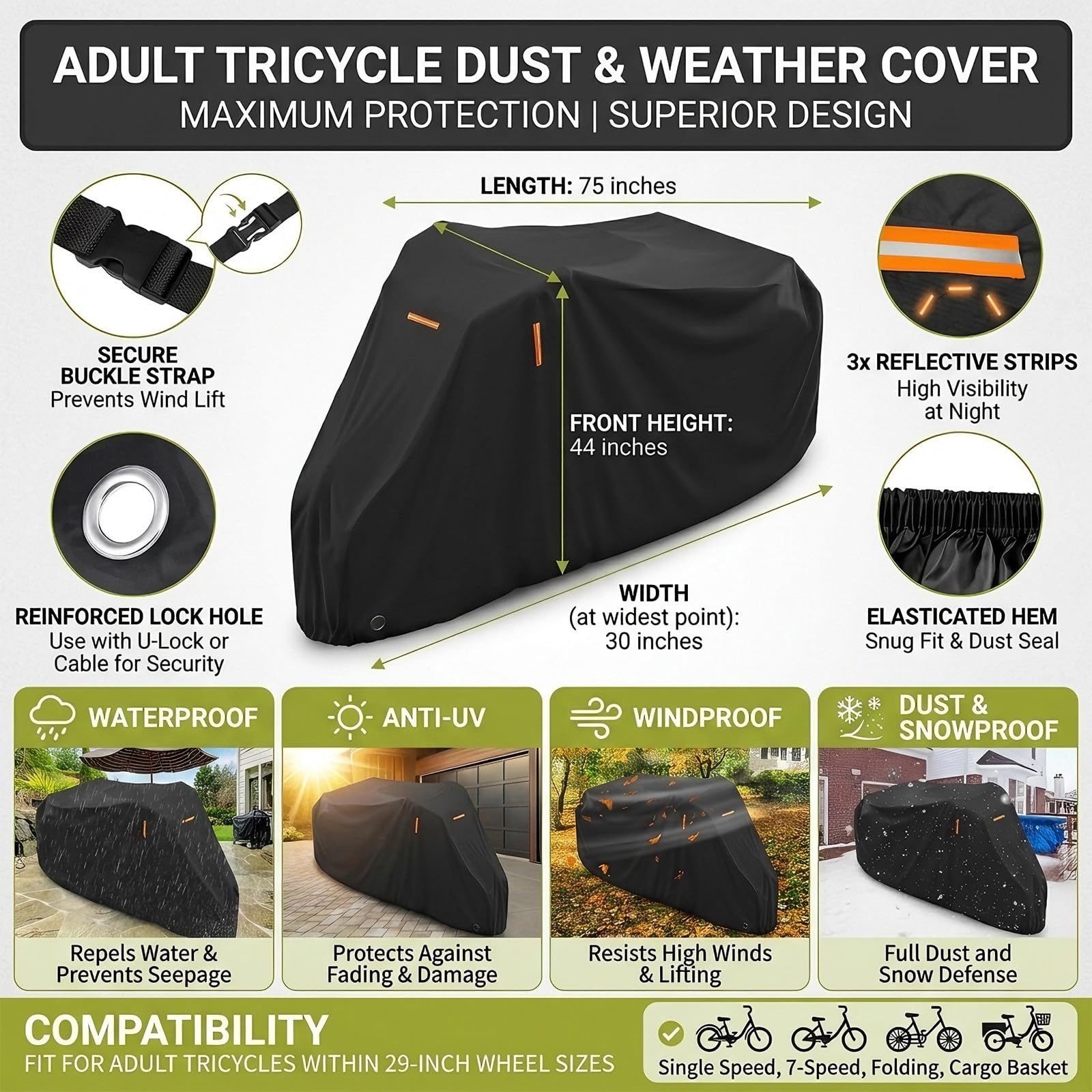24 Pollici Triciclo Elettrico per Adulti, Dotata di Pneumatici Posteriori da Neve da 20 Pollici + Copertura Antipolvere in Tessuto 600D, capacità di Carico 150kg per Uso Familiare C