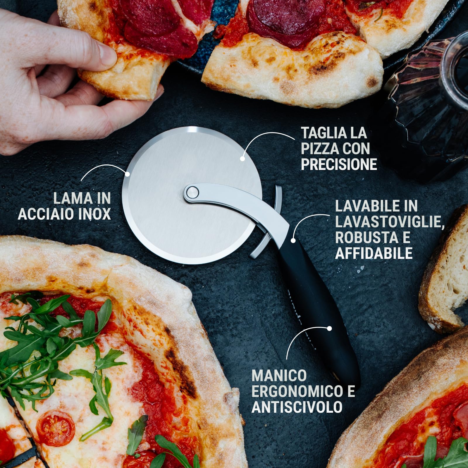 Microplane Tagliapizza Professionale XL Inox con Manico Antiscivolo e Copri‑lama | Lama extra‑affilata doppio‑smusso |Professional Pizza Wheel | Per pizza, quiche, focaccia | Lavabile lavastoviglie