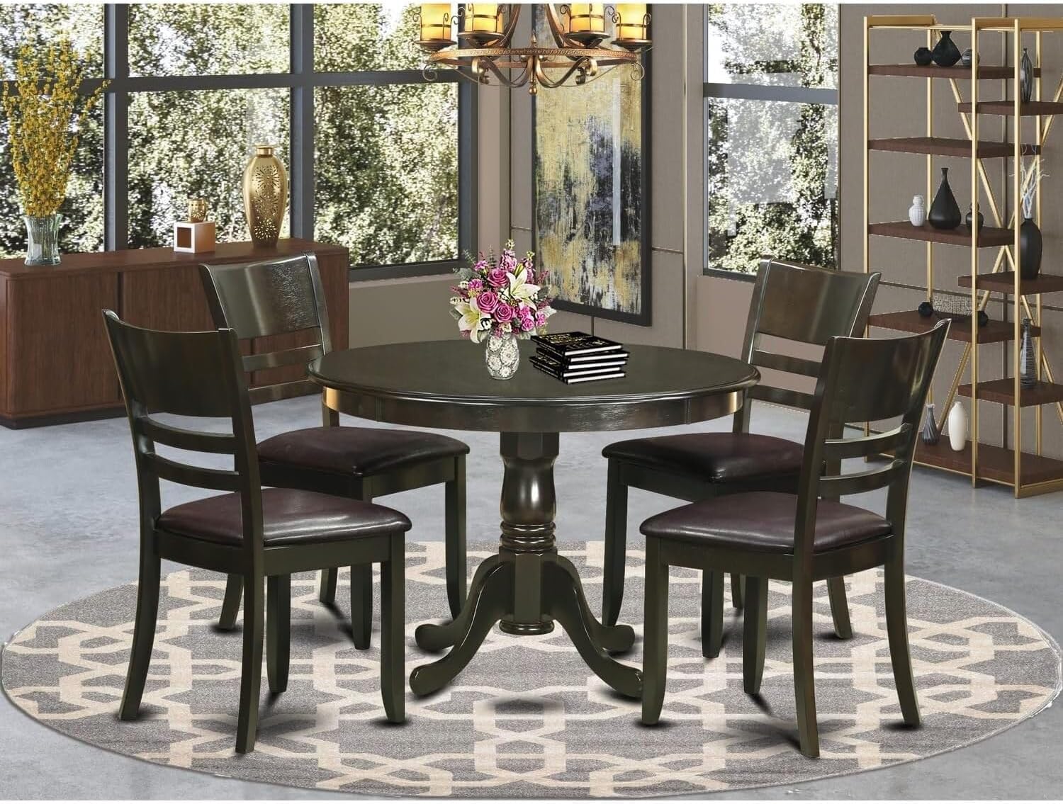 HomeStock Artistic Accomplishment 5 Piece Kitchen Table Set for 4 Includes a Round Dining Room Table with Pedestal and 4 Dining Chairs, 42x42 Inch Cappuccino/Leather Seat