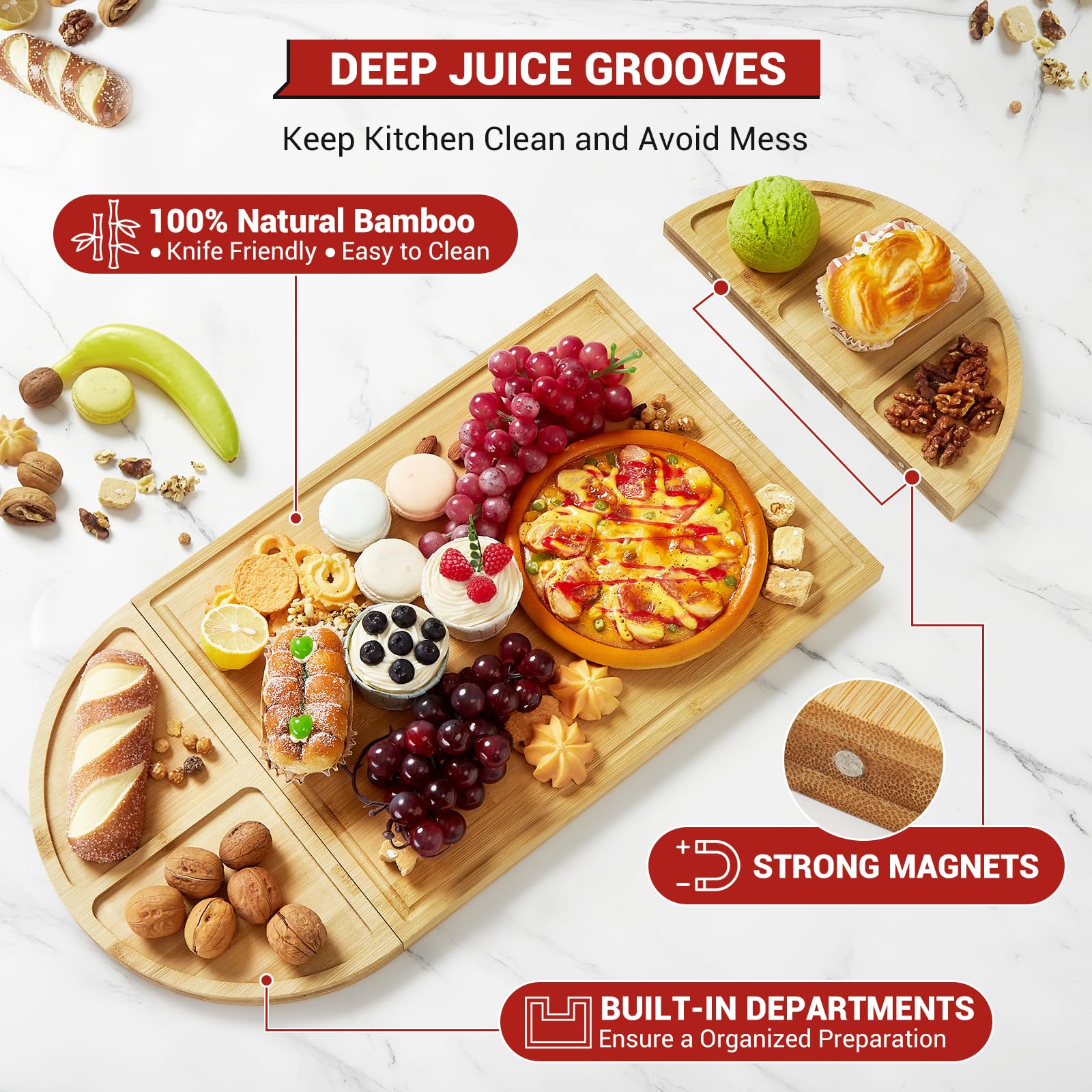 Garvee Lot de 3 planches à découper magnétiques en bambou – Planche apéritif/assortiment & fromage, ample surface – Rainure à jus profonde – Compartiments intégrés – Plateau de service