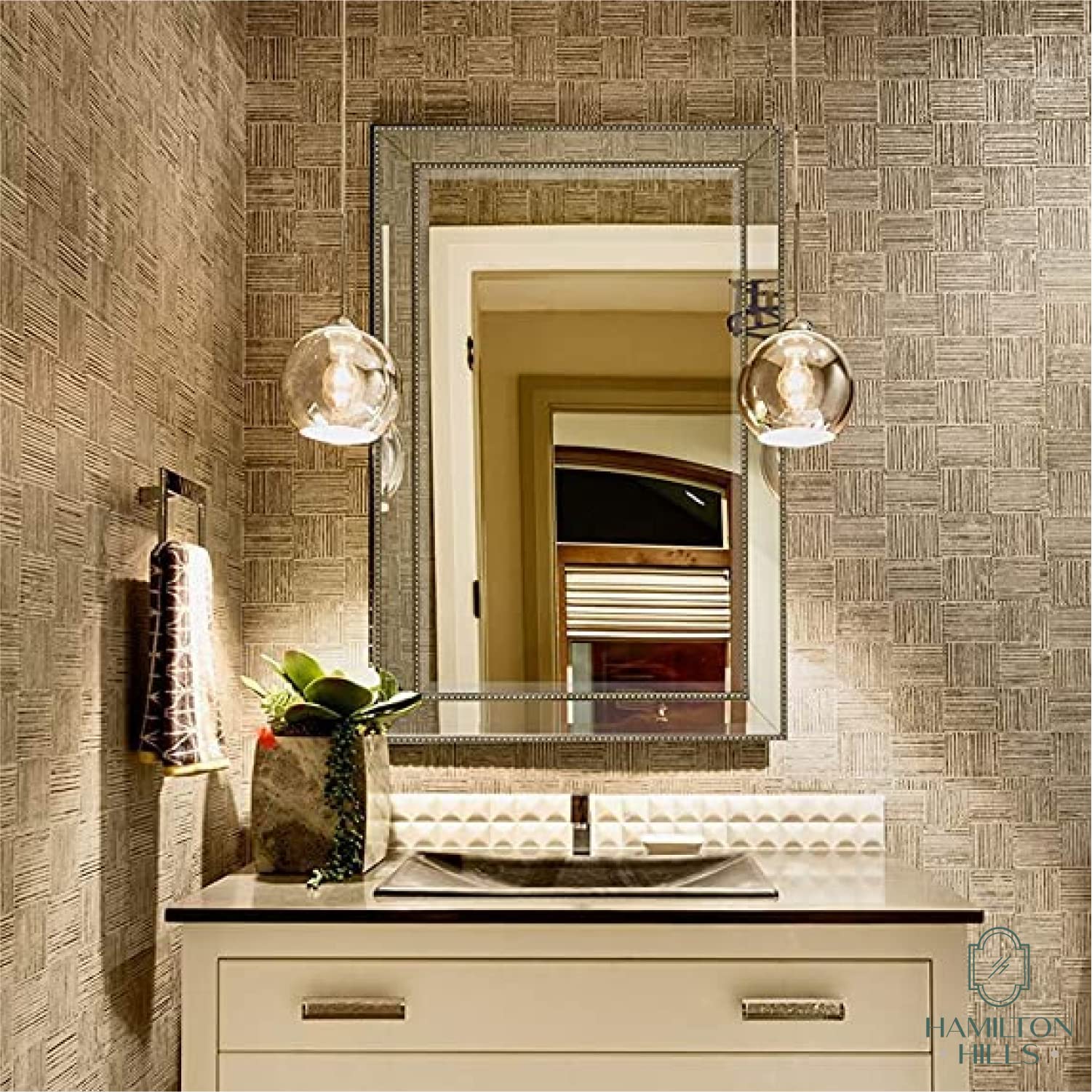 Amazon.com: Hamilton Hills 24" x 36" Vanity Silver Framed Glass Rectangular  Wall Mirror | Large Angled Beveled Mirror Frame and Beaded Accents |  Premium Silver Backed Glass Panel | Hangs Horizontal or