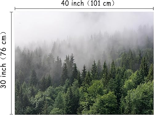 Miniatura 2 de Simsant RGTMYSI009 - Tapiz de bosque para colgar en la pared, bosque brumoso, montaña, crepúsculo, paisaje de bosque gris y verde, para dormitorio,