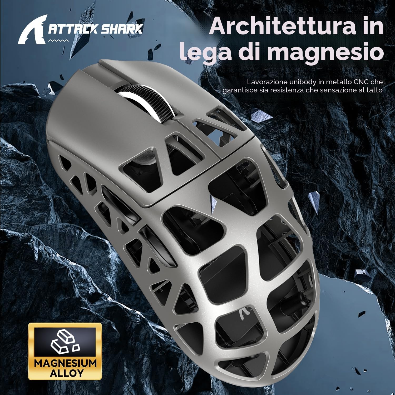 ATTACK SHARK R3 in Lega di Magnesio - Mouse Wireless 8K SUPERLIGHT 46g, Sensore di Gioco PixArt PAW3395, BT/2.4G/Wired, DPI Regolabile 26000, per Ufficio