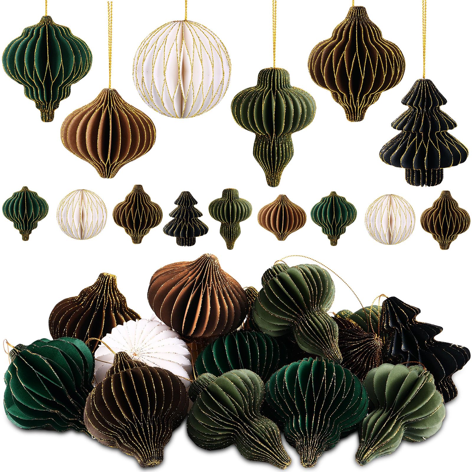 Janinka 24 Pcs Christmas Paper Honeycomb Ornaments 3D Mini Glitter Edge Honeycombs Lantern Reusable Vintage Christmas Hanging Ornaments for Christmas Tree New Year Home Decor (Cute)