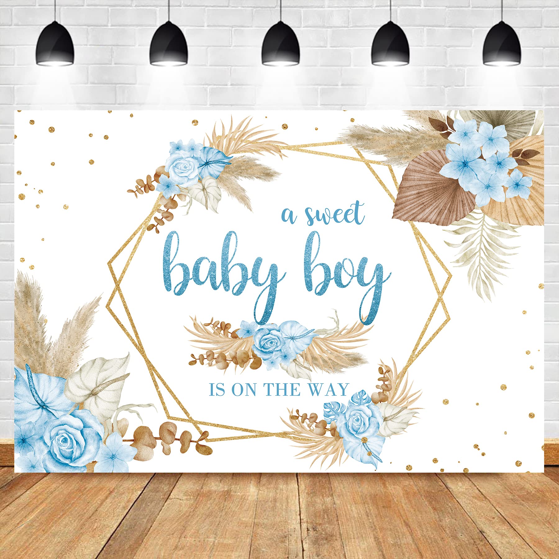 Homewelle Boho Baby Shower Boy Backdrop 7Wx5H Feet Polyester Fabric Floral Blue Pampas Grass Flowers Newborn Party Decoration Gold Dots Botany Plants Celebrate Photography Background Photo Shoot Props