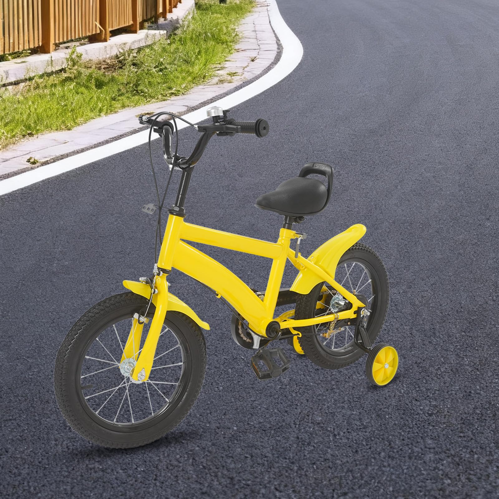 Bicicleta infantil de 14 pulgadas, con ruedas estabilizadoras, bicicleta para niños y niñas Kids Bike, manillar y sillín de altura ajustable, marco de acero al carbono ligero, sistema de