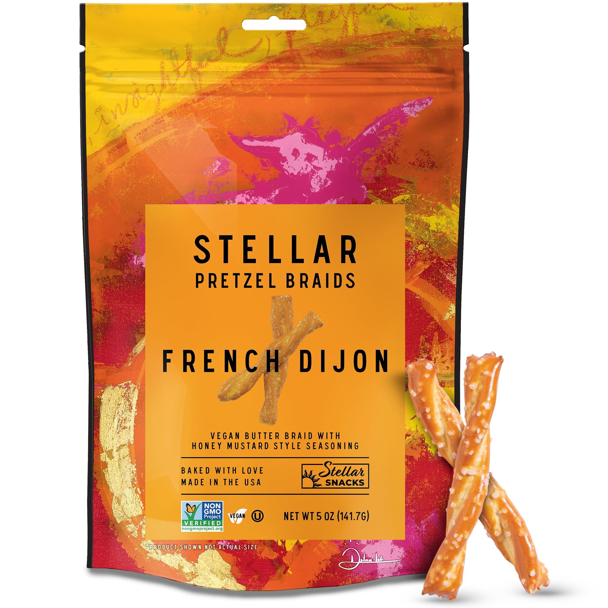 Stellar Snacks Pretzel Braids, French Dijon Honey Mustard, 5 Oz (Pack of 6), Gourmet Pretzel Sticks, Vegan, Kosher, Non GMO, Peanut Free, Healthy Snack