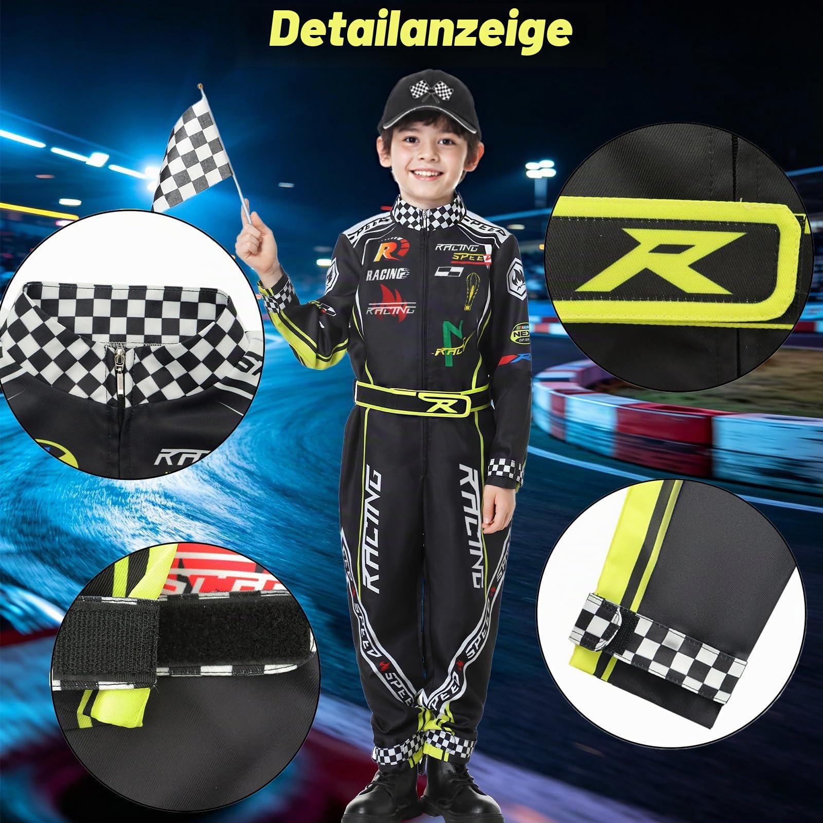 Rennwagenfahrer Kostüm Jungen Racer Overall mit Auto Kappe Kinder verkleiden sich für Halloween (Schwarz, 130)