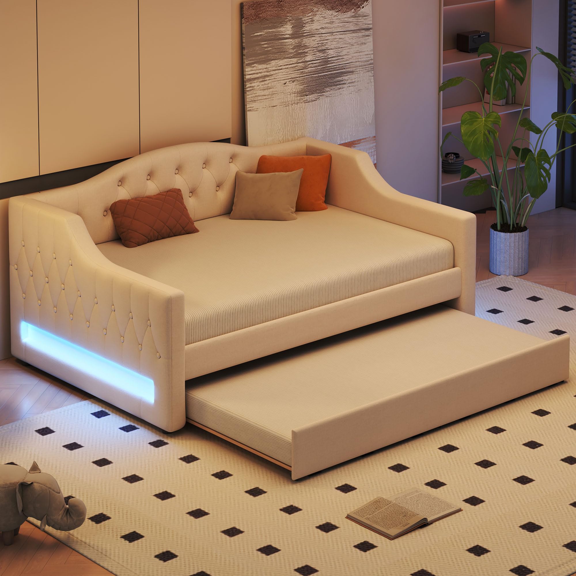 Photo 1 of Merax Modern Upholstered Platform Bed Frame , Linen Sofa Day Bed with Headboard, No Box Spring Needed/Easy Assemble/Full XL,Beige