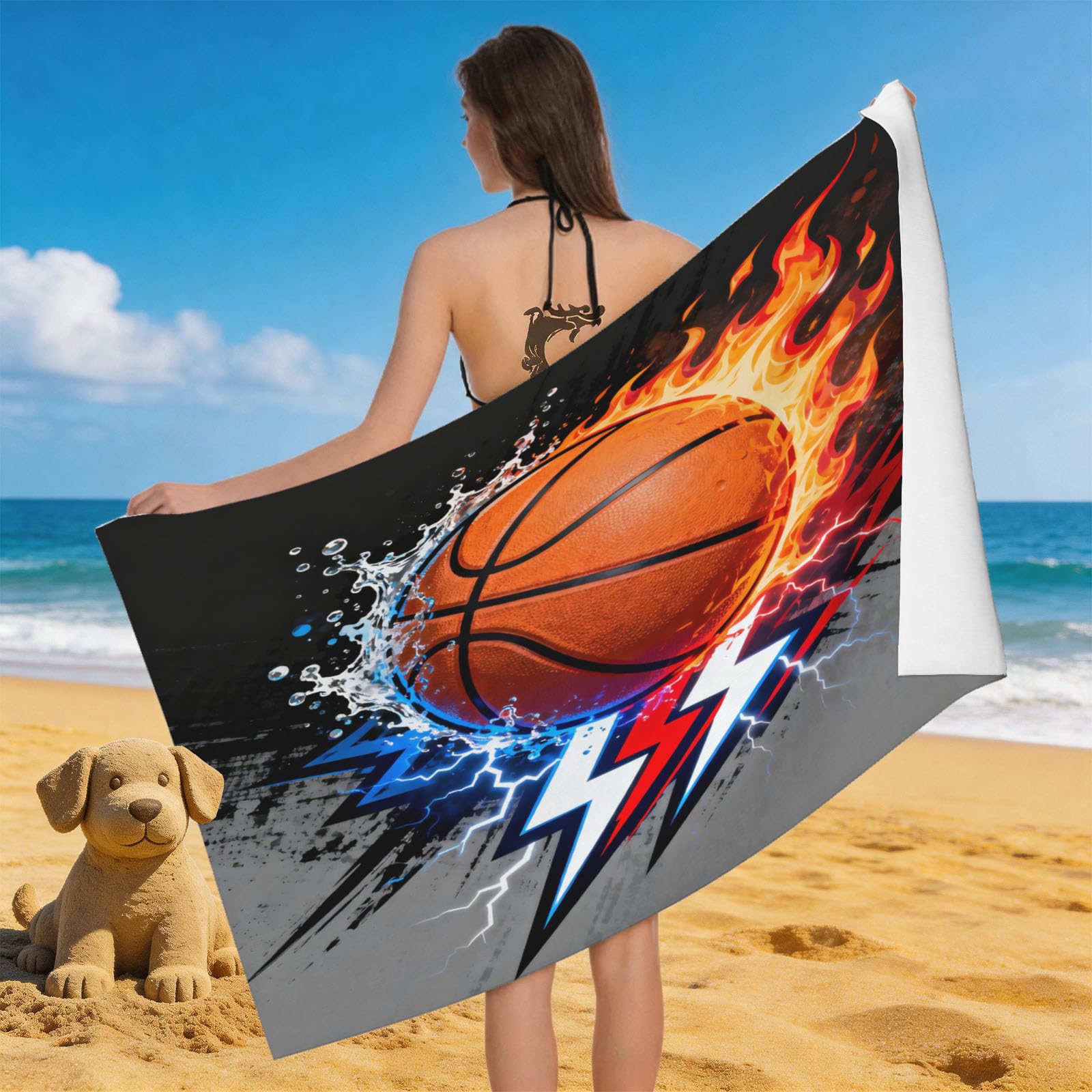 Leichong 3D Basketball Pattern Beach Towel Large Microfiber Soft Quick Dry for Adults, Flame Bath Towel Lightweight Soft Absorbent for Travel Swimming Pool Sports, 180 x 90 cm