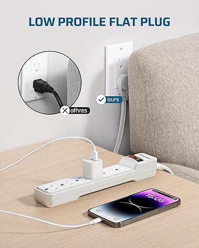Miniatura 5 de DEWENWILS Paquete de 2 protectores de sobretensiones de 6 salidas con cable de extensión de 6 pies de largo, enchufe plano de perfil bajo, disyuntor