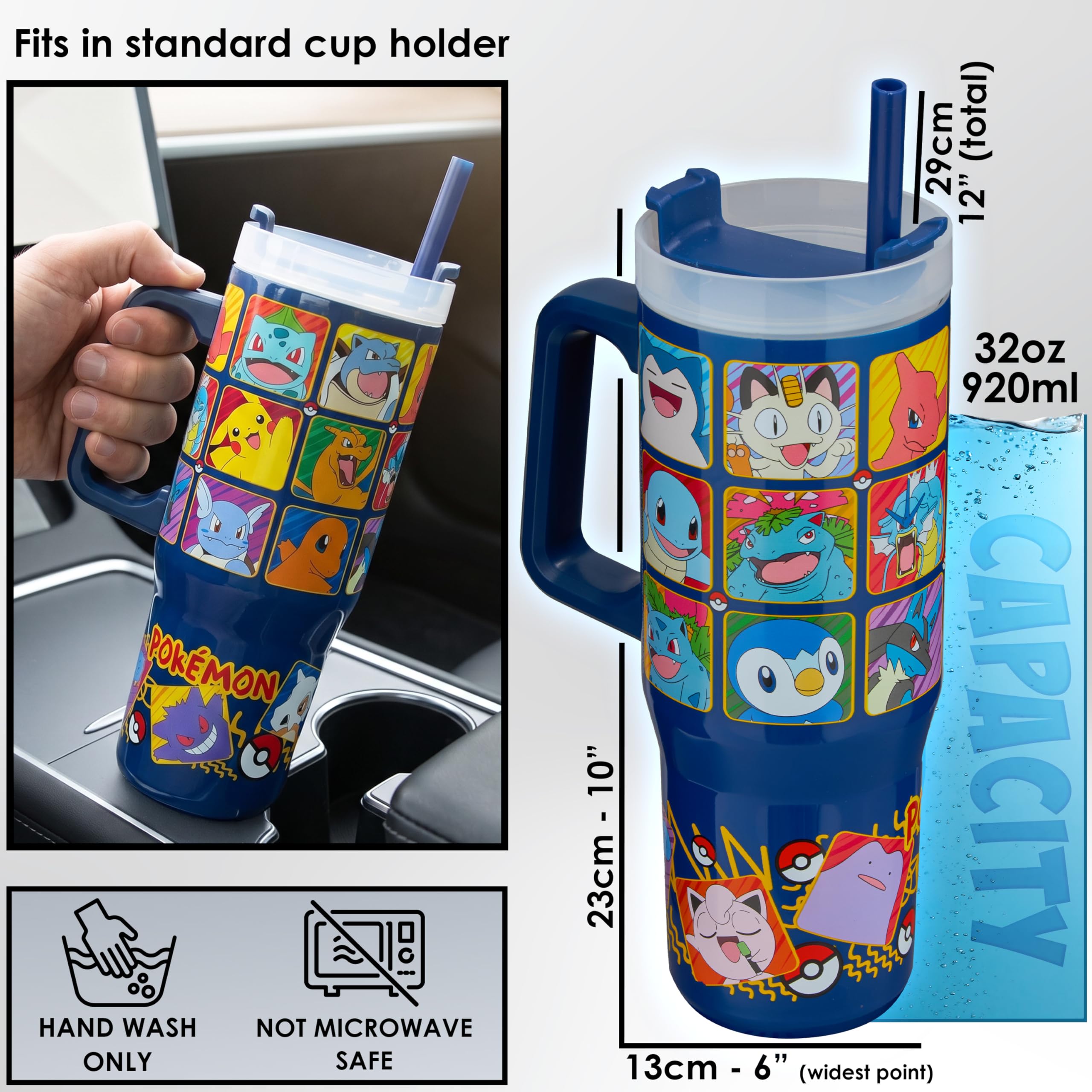 Get Trend Pokemon kubek termiczny 920 ml, butelka ze stali nierdzewnej, kubek ze słomką i uchwytem, utrzymuje lód 42H zimno 12H ciepło 8H, kubek podróżny bez kapania BPA za darmo, oryginalny prezent