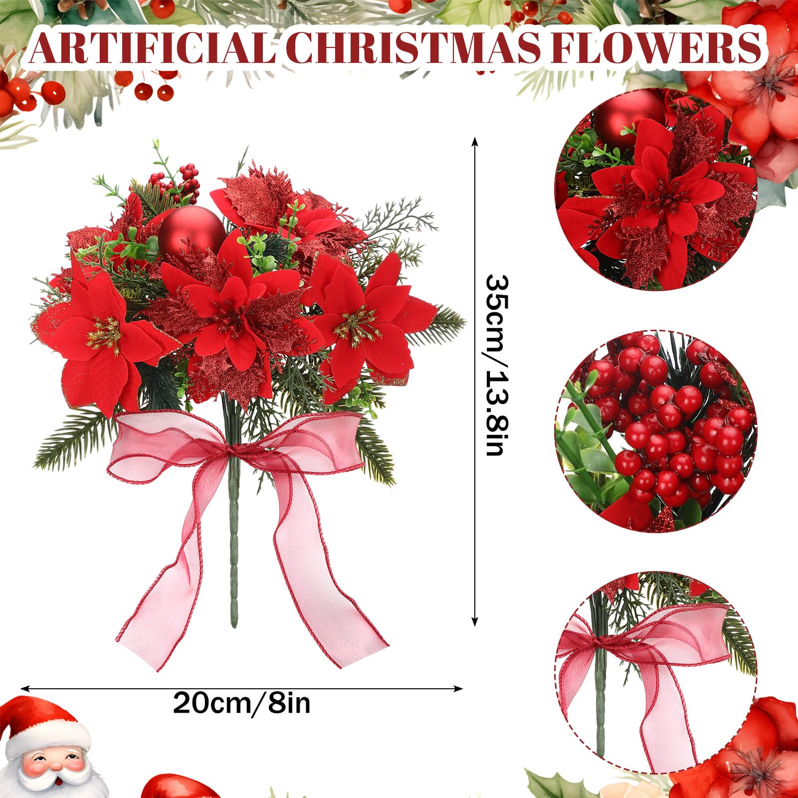 Giegxin Lot de 4 buissons de poinsettia en velours synthétique de 35 cm pour intérieur et extérieur - Décoration de sapin de Noël - Décoration de porche (rouge)