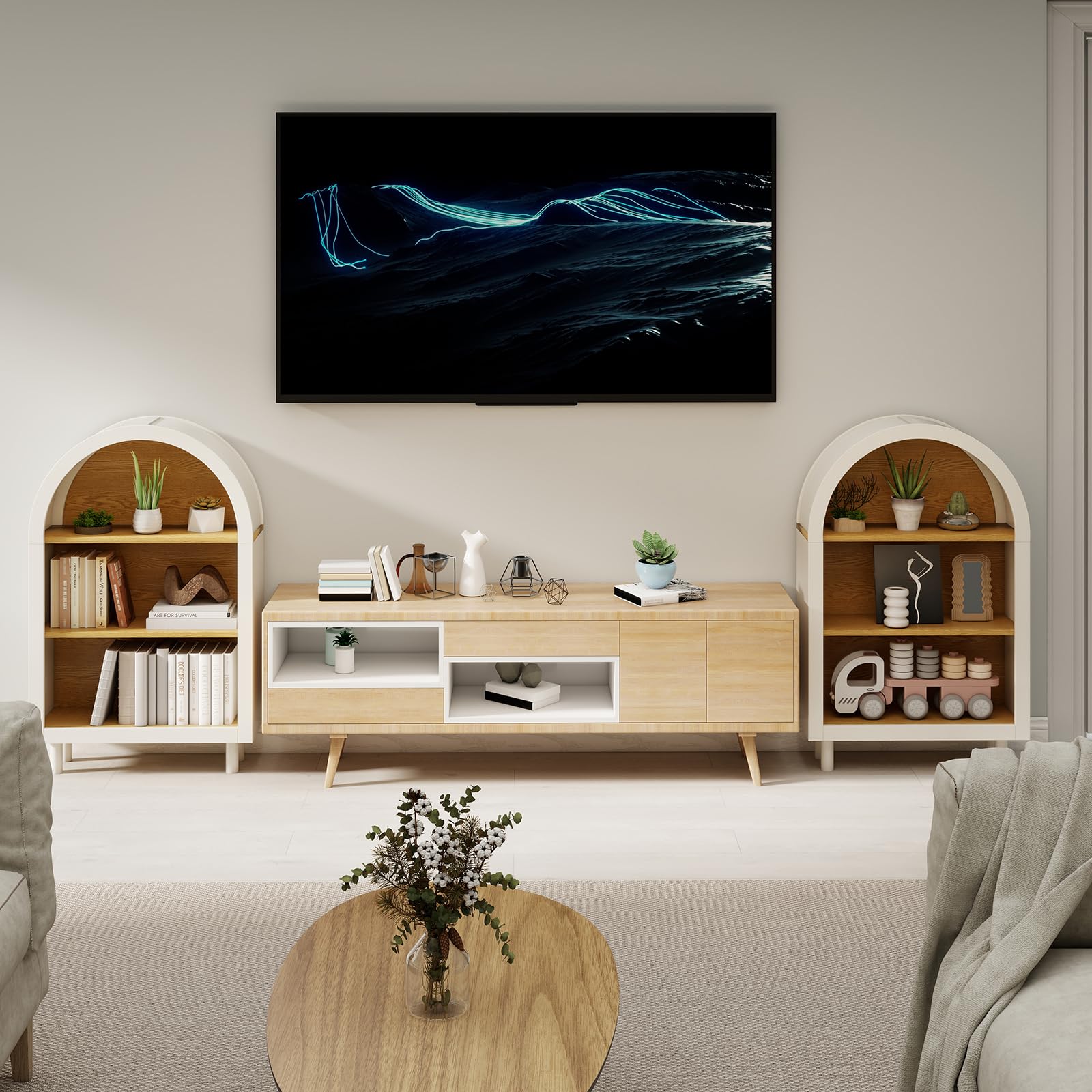 Bibliothèque moderne à 3 niveaux – Étagère courte ouverte en bois pour salon, chambre à coucher et bureau à domicile – Meuble Slish blanc Smal Solut Ele Design