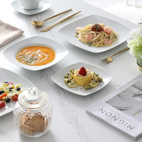 Miniatura 6 de MALACASA Series Julia - Juego de vajilla de porcelana, 60 piezas de platos cuadrados y cuencos para 12, juego de platos de cocina gris y blanco con