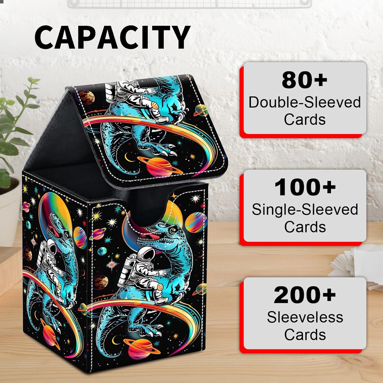 Card Deck Box for MTG Trading Cards, Magic Card Box Can Hold 110+ Single Sleeved Cards, Waterproof PU Leather Material, Strong Magnetic Buckle Card Set Box Suitable for TCG CCG, Astronaut Dinosaur