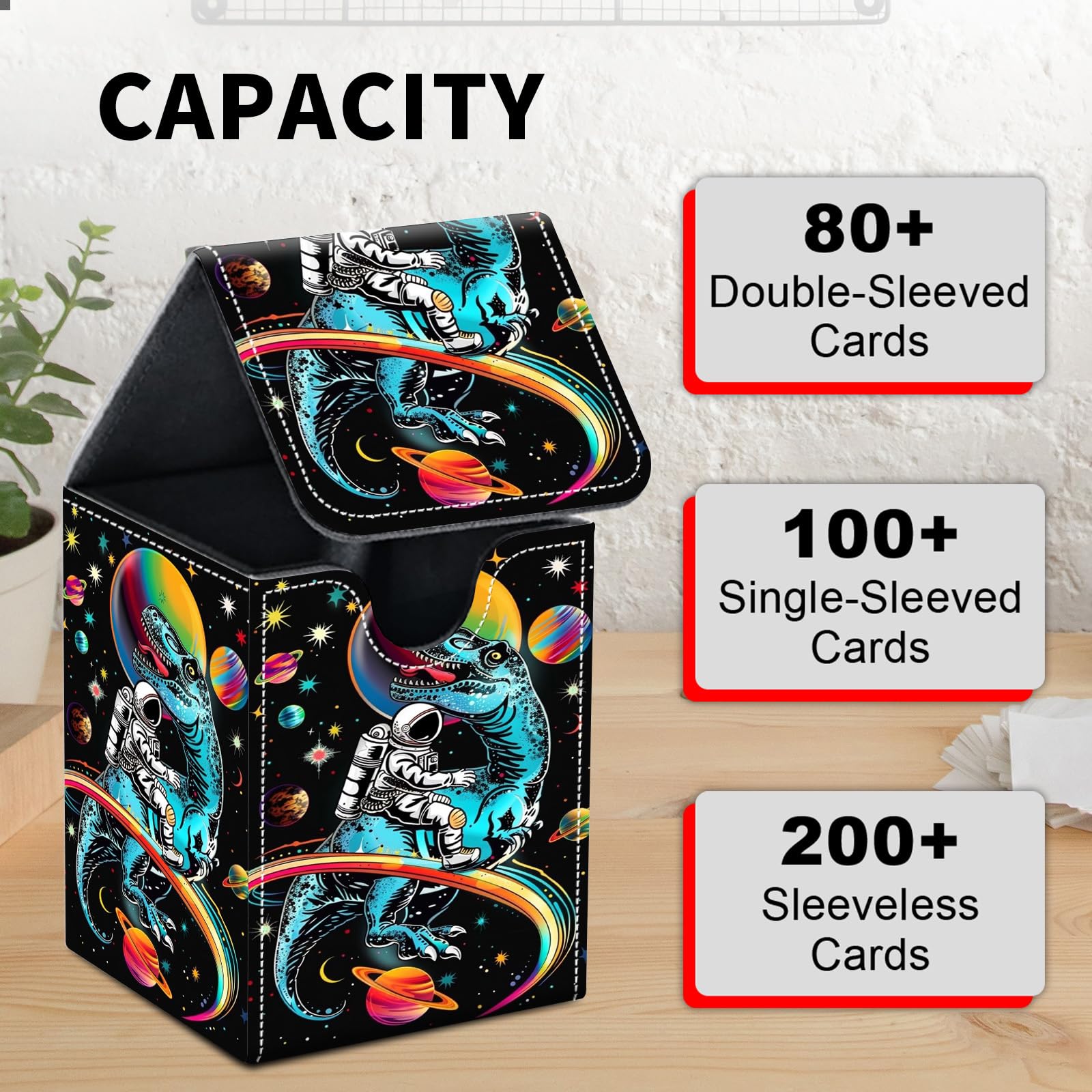 Card Deck Box for MTG Trading Cards, Magic Card Box Can Hold 110+ Single Sleeved Cards, Waterproof PU Leather Material, Strong Magnetic Buckle Card Set Box Suitable for TCG CCG, Astronaut