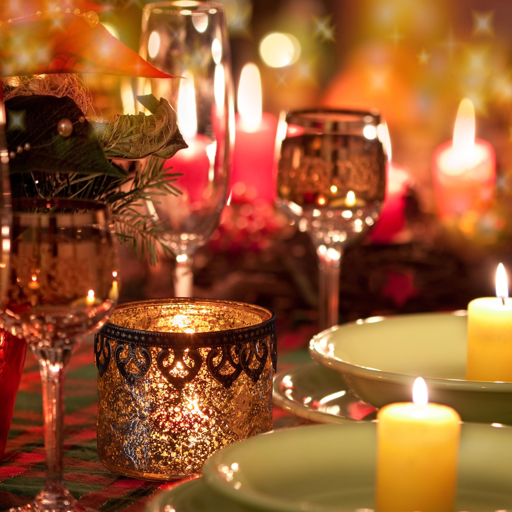 6er-Set Teelichthalter Gold Kerzenhalter Windlicht Glas Kerzengläser Teelichtgläser Weihnachtsdeko Innen Geschenke für Frauen - Zylindrische Form Ø10cm x h9cm