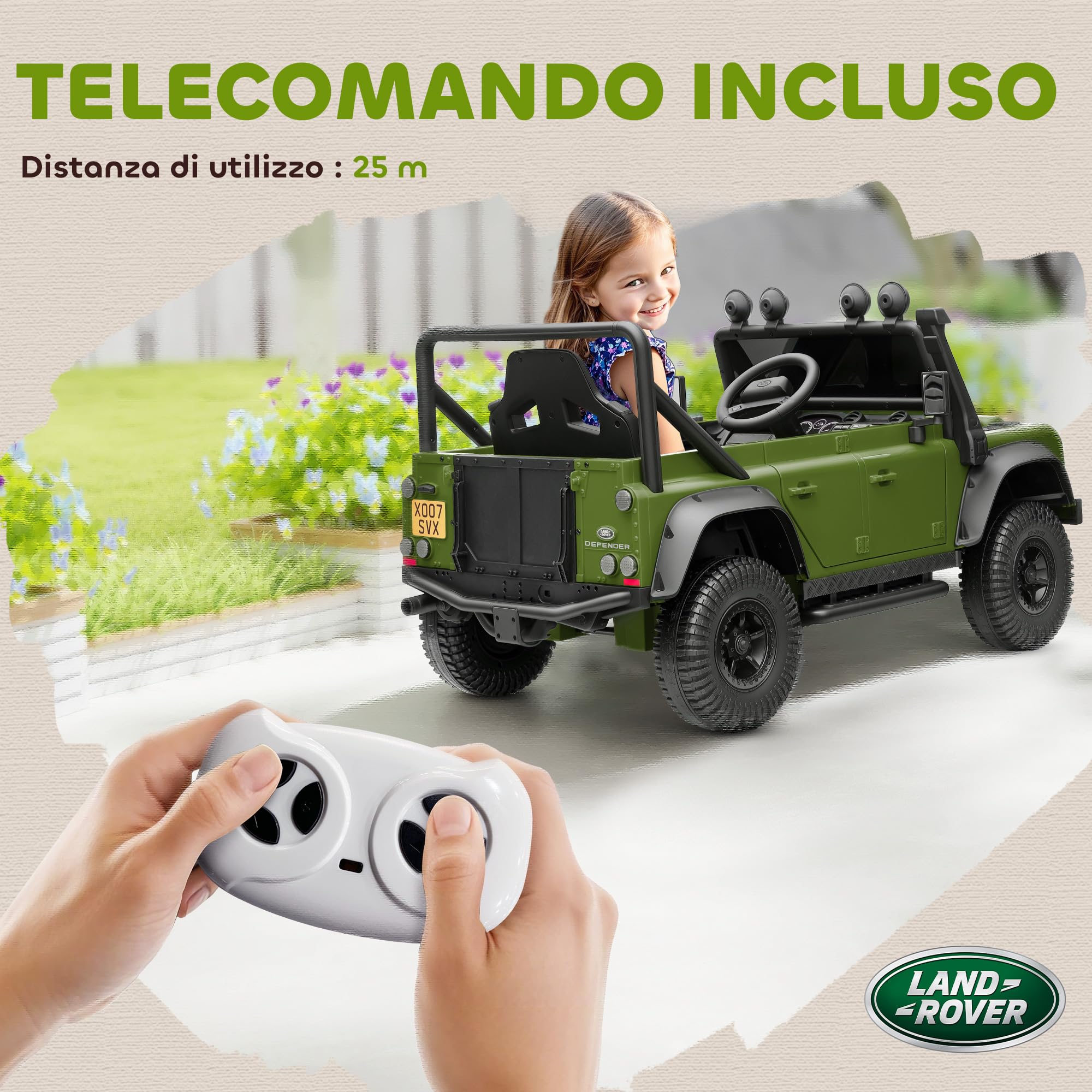 AIYAPLAY Macchina Elettrica per Bambini 3-8 Anni 12V Fuoristrada Land Rover 110SVX, 3-5km/h Auto Elettrica per Bambini con 2 Motori, Sospensioni, Telecomando, Musica, Fari, Cintura e Clacson, Verde