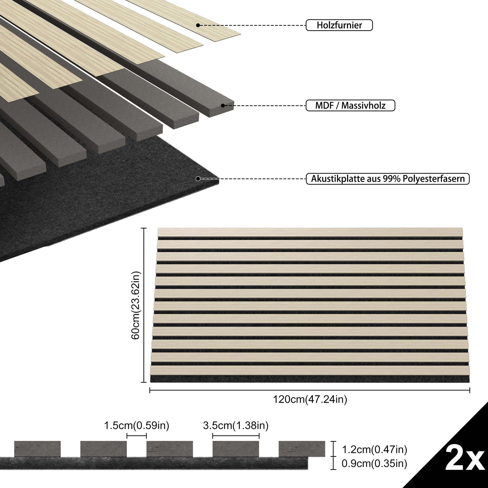 ACXIN Zestaw 2 paneli akustycznych drewnianych 3D panele ścienne drewniane Eiche prawdziwe forniry drewniane na filcu akustycznym 120 x 60 cm panele ścienne ścienne okładziny akustyczne na korytarz