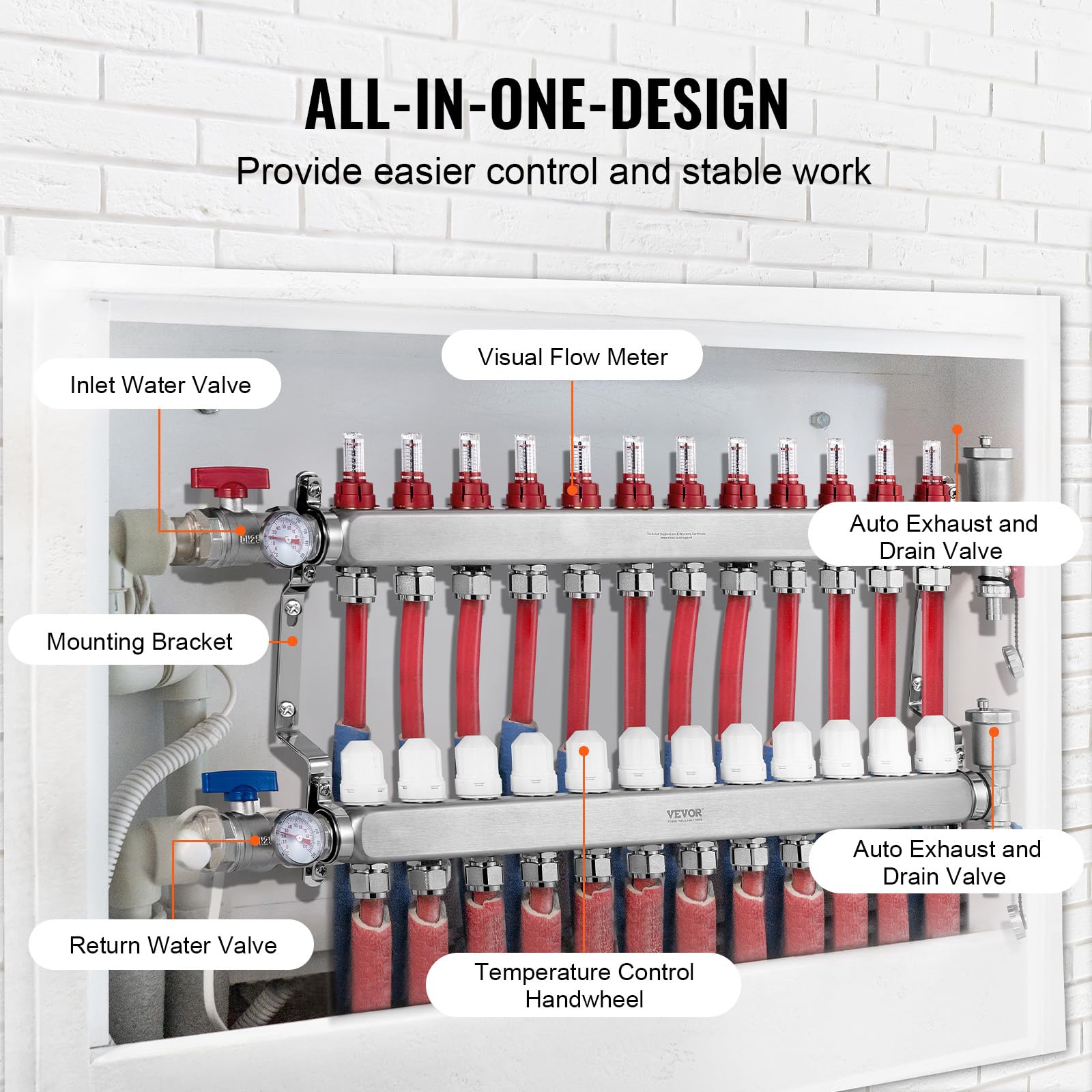 VEVOR Colector de Calor Radiante de 12 Derivaciones, Colector de Tubería PEX de Acero Inoxidable SUS304 para Calefacción por Suelo Radiante Hidrónico, con Adaptadores, 780 x 370 x 110 mm, 0-5 L/min