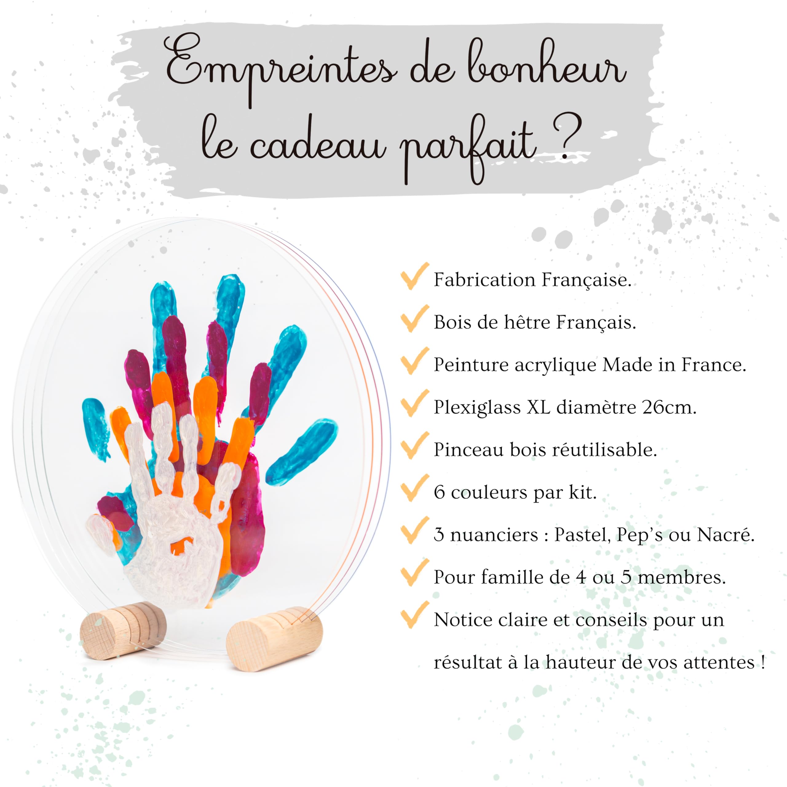 LouYou Empreintes de Bonheur - Kit Empreinte Famille de 4 Made in France Nacré - Coffret Naissance - Idée Cadeau Anniversaire - Fête des Mères - Support bois - 4 plexiglass