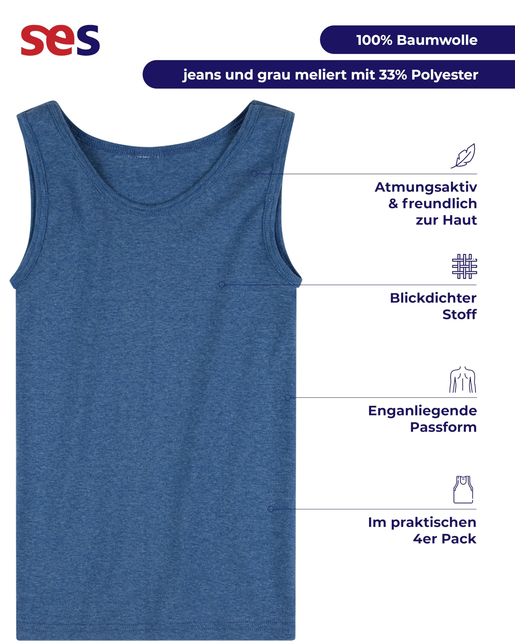 SES Pack de 4 Camisetas Interiores para Niños 92-182 en Blanco y Color - Algodón, Sin Mangas, Azul y Gris