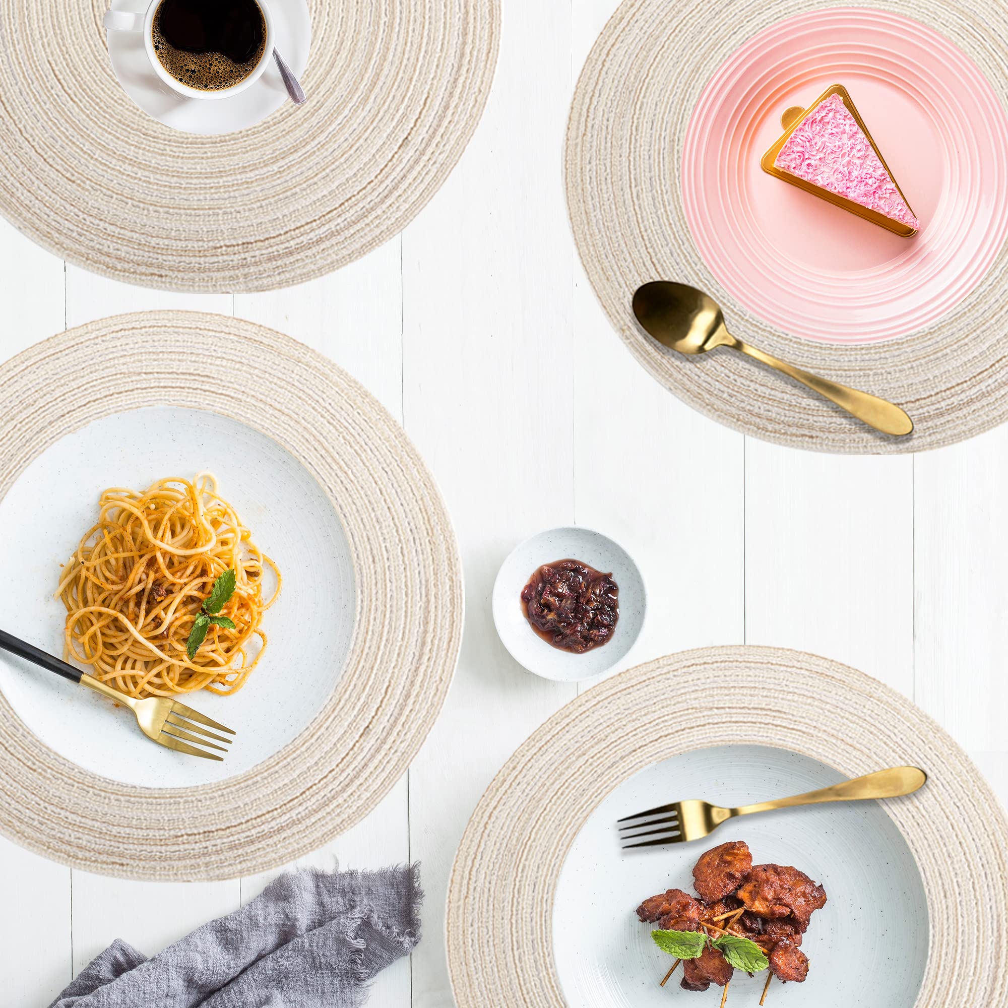 Tischset Rund Geflochten, Platzset Rund 6 stück, Baumwolle Tischsets Abwaschbar Hitzebeständige, 37 * 37 cm (Beige)