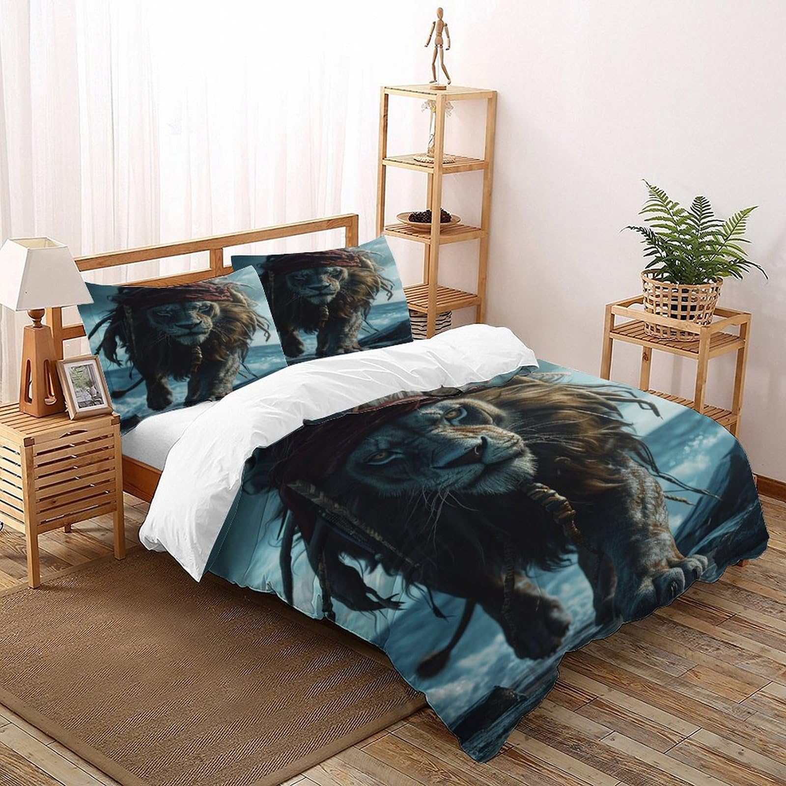 Housse de couette lion 200x200 anti-plis avec fermeture éclair pour lit double adulte