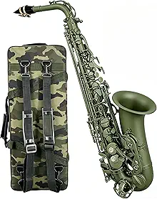 VEDO Saxofone alto Camouflage, em Mi bemol, acompanha boquilha, estojo, 10 palhetas, lubrificante, pano e barra de limpeza, luvas, alça de ombro e manual de instruções, Camuflar (Verde escuro)