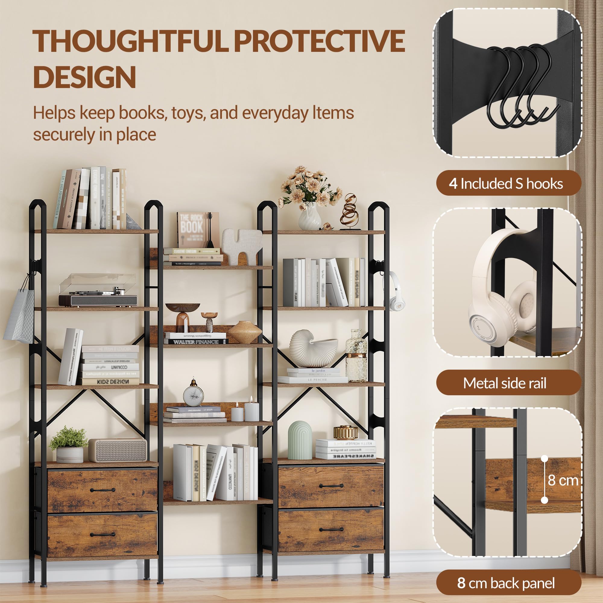 Librería, 158 x 24 x 166 cm, Marrón Rústico y Negro | Estantería con 12 Estantes y 4 Cajones de Tela, para Sala de Estar, Oficina en Casa y Estudio, FFSG002FX1