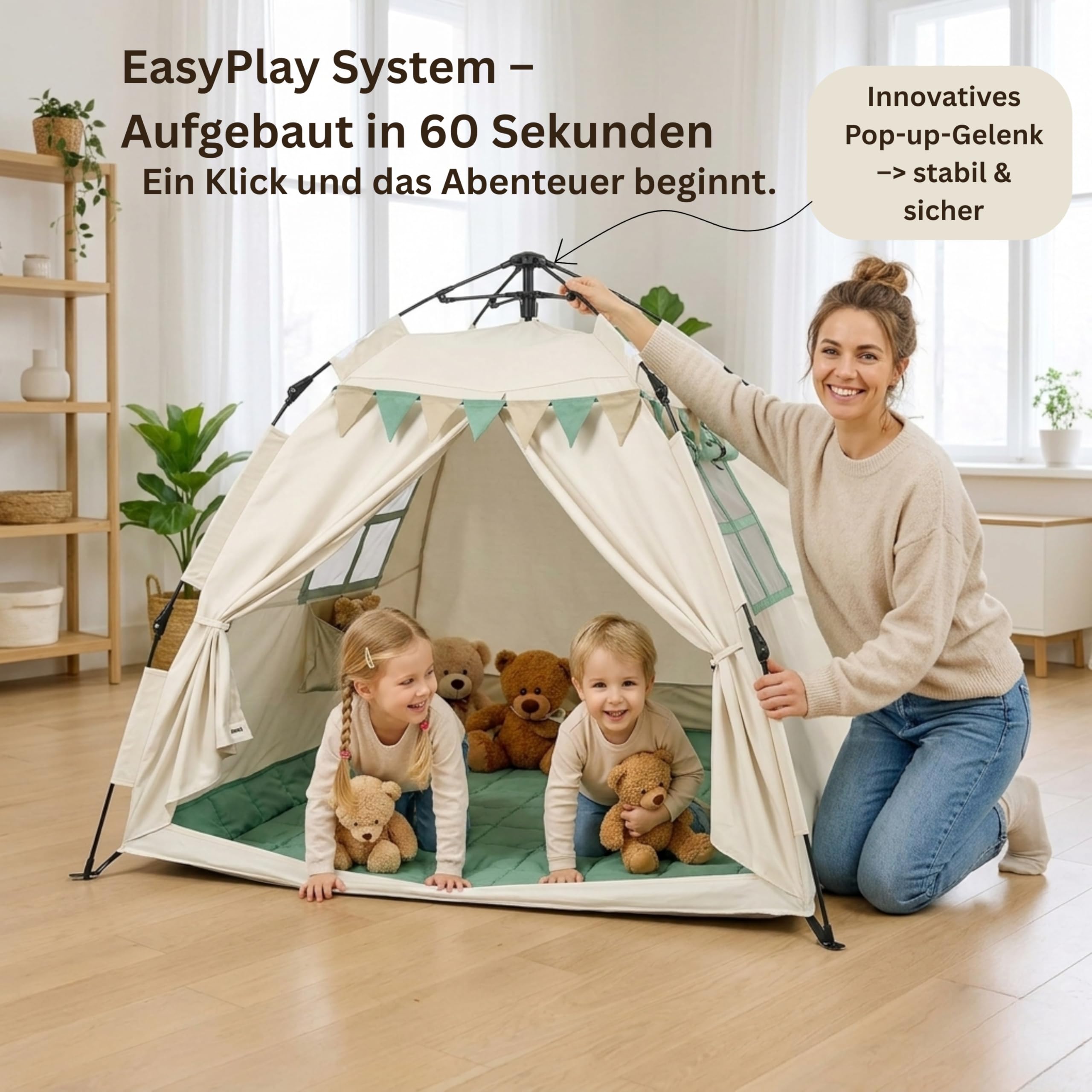 Spielzelt Kinder Indoor mit Bodenmatte & Tragetasche [Schneller Aufbau/Abbau] Maschinenwaschbar schadstofffrei Tippi Kinderzelt Indoor Outdoor Spielhaus Zelt Kinderzimmer Tipi Zelt für Kinder