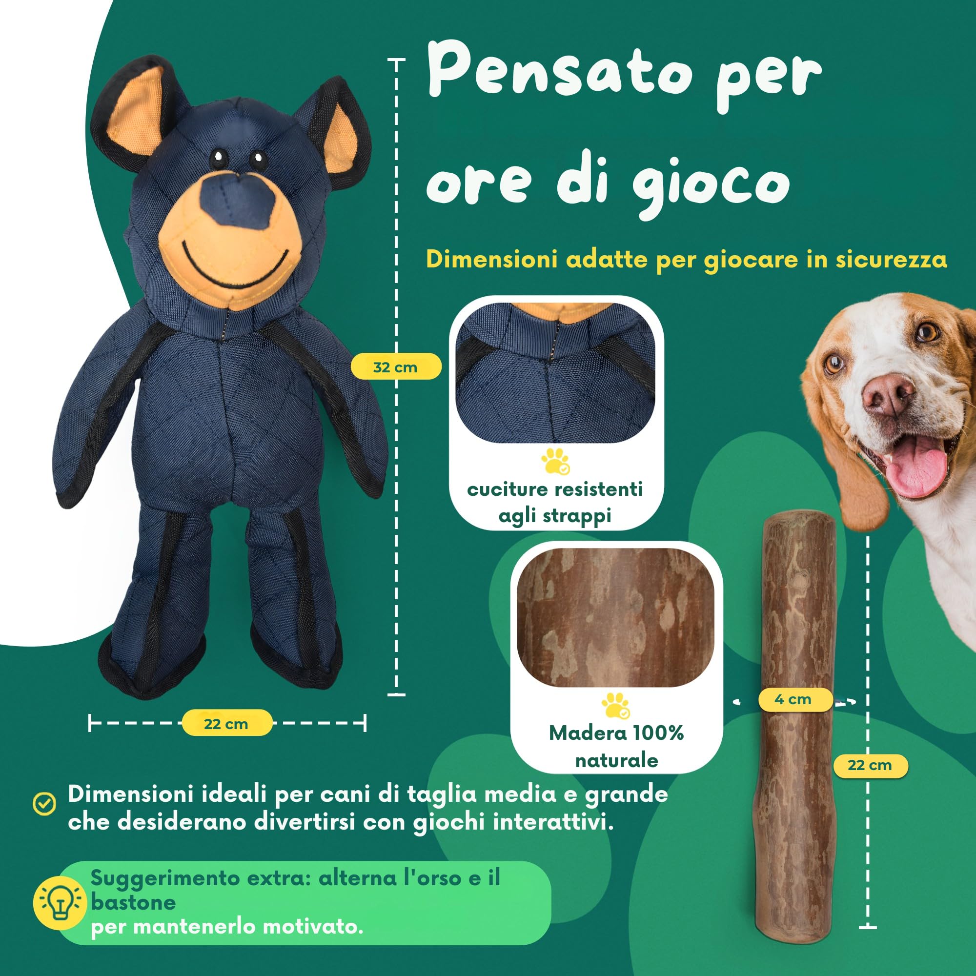 Pets Pack Robustes Spielzeug und Beißring aus Holz, für mittelgroße und große Hunde, sicheres Spielen und natürliches Kauen, inklusive Ratgeber, robustes Hundespielzeug