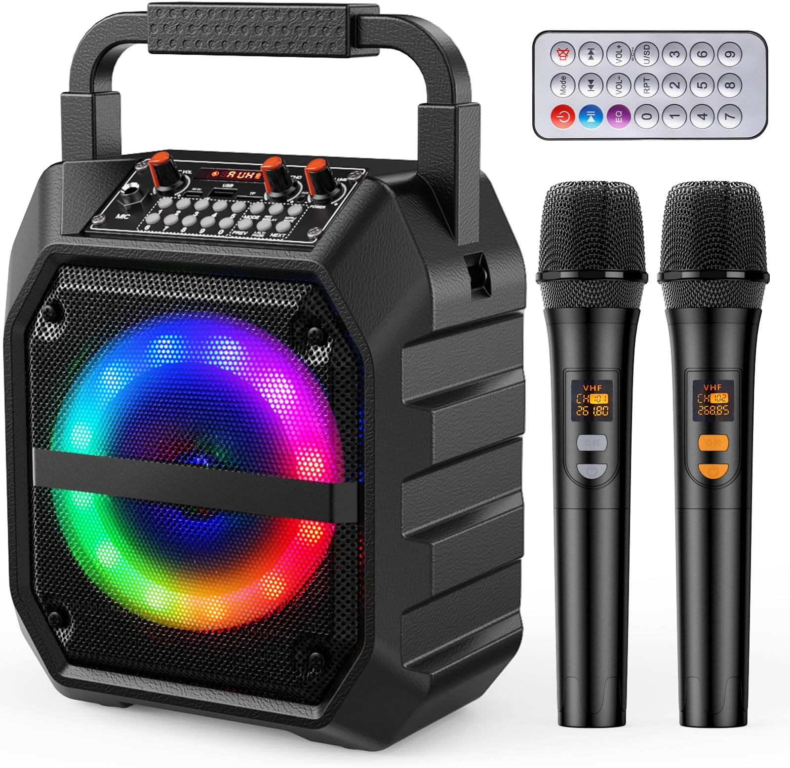 PKBD Karaoke Machine with Two Wireless Microphones,Portable Bluetooth Speaker with LED Lights, PA System, Supports TF Card/USB for Adults & Kids, for Girls Boys Families Home Party (Dark Black)