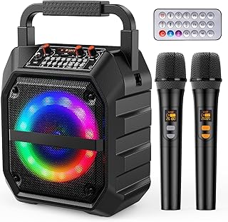 Karaoke Machine with Two Wireless Microphones,Portable Bluetooth Speaker with LED Lights, PA System, Supports TF Card/USB for Adults & Kids, for Girls Boys Families Home Party (Dark Black)