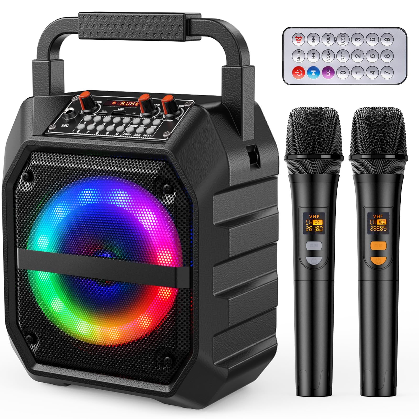 PKBD Karaoke Machine with Two Wireless Microphones,Portable Bluetooth Speaker with LED Lights, PA System, Supports TF Card/USB for Adults & Kids, for Girls Boys Families Home Party (Dark Black)