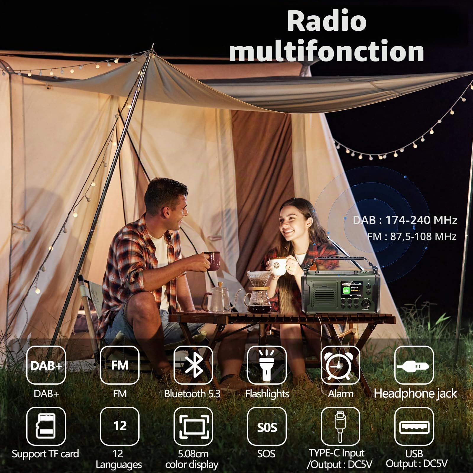 20000mAh Radio Solaire, Dab/Dab+/FM Radio à Manivelle, 3 Méthodes de Recharge, 11 en 1 avec Bluetooth 5.3, Batterie Externe, SOS, Lampe Torche, Boussole,Carte TF et Lampe de Lecture