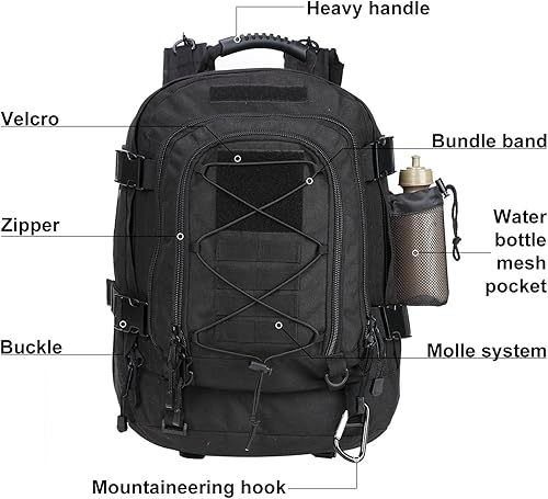 Miniatura 4 de Mochila táctica grande para hombre, mochila militar con sistema de bricolaje para viajes, trabajo, campamento, caza, senderismo, deportes, Negro -,
