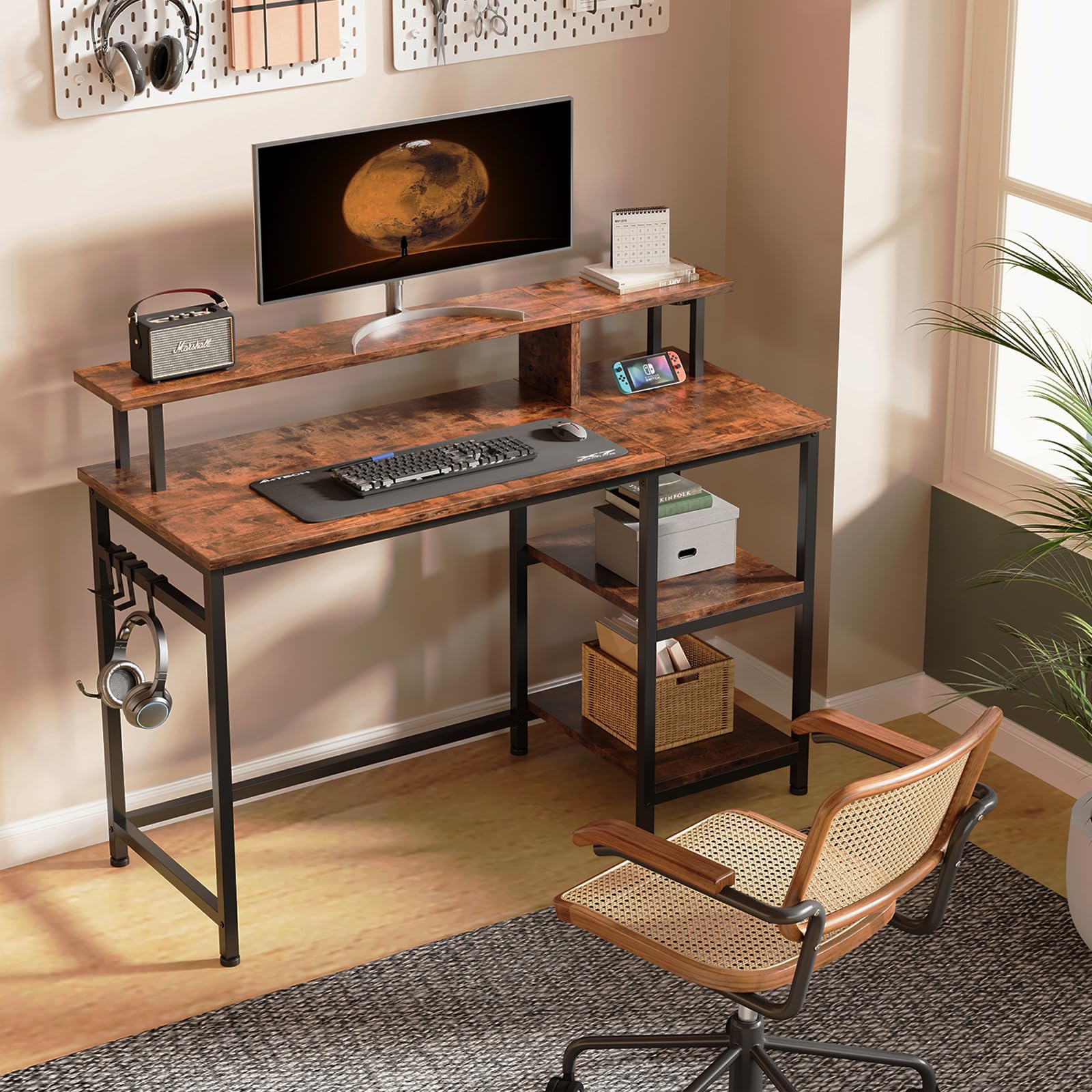 Dripex Schreibtisch, Computertisch mit Monitorständer und Abnehmbarem Regal, Bürotisch für Home Office, Wohnzimmer, Klein PC Gaming Tisch 107x46x95cm, Rustikales Braun