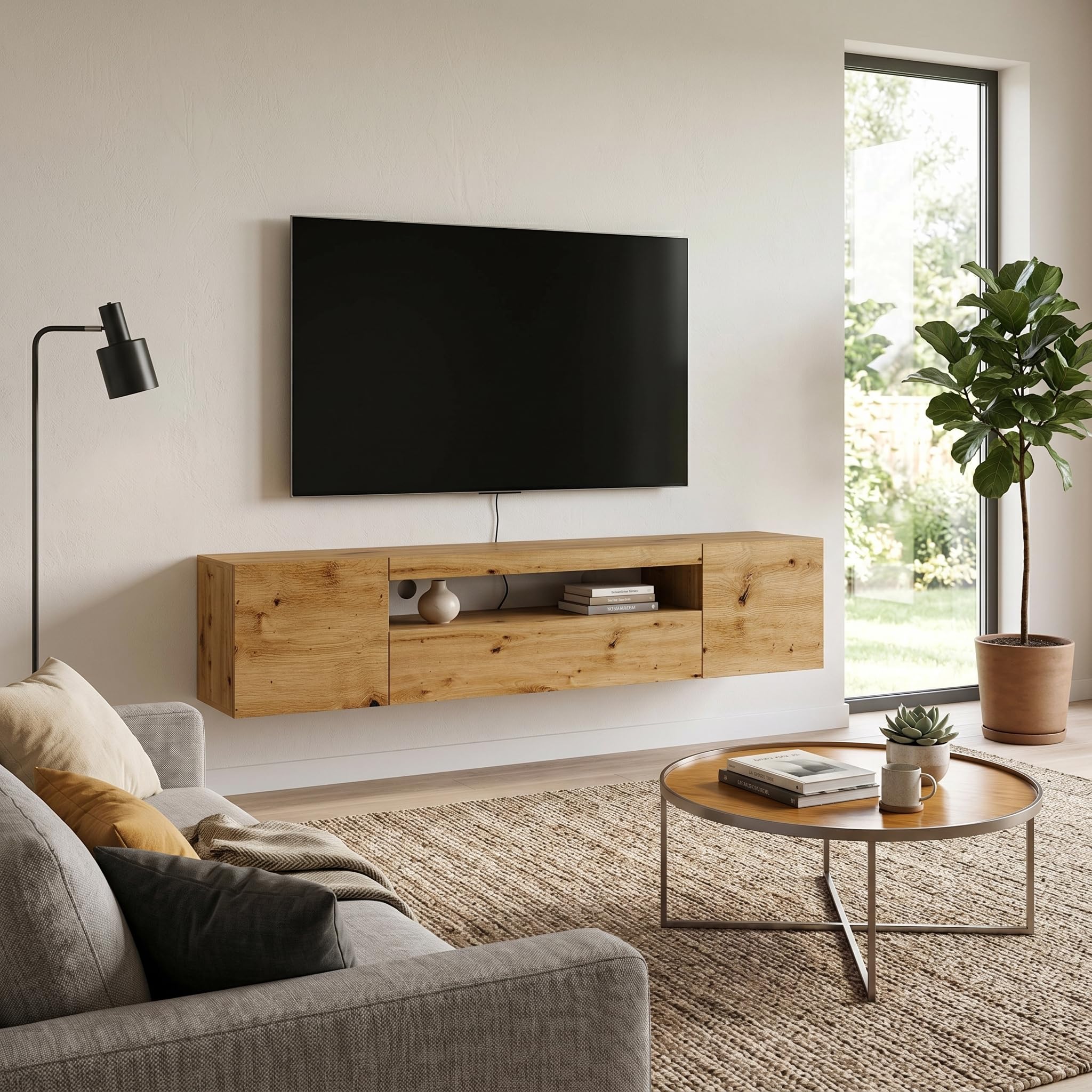 Aura Armario bajo de TV de 200 cm, colgante o de pie, armario universal para TV, aparador armario colgante para equipo de audio HiFi (roble Artisan sin led)