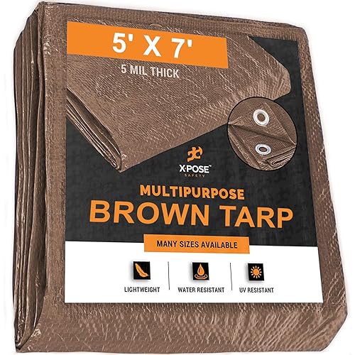 Multipurpose Protective Cover Brown Poly Tarp 5' x 7' - Durable, Water Resistant, Weather Resistant - 5 Mil Thick Polyethylene - by Xpose Safety