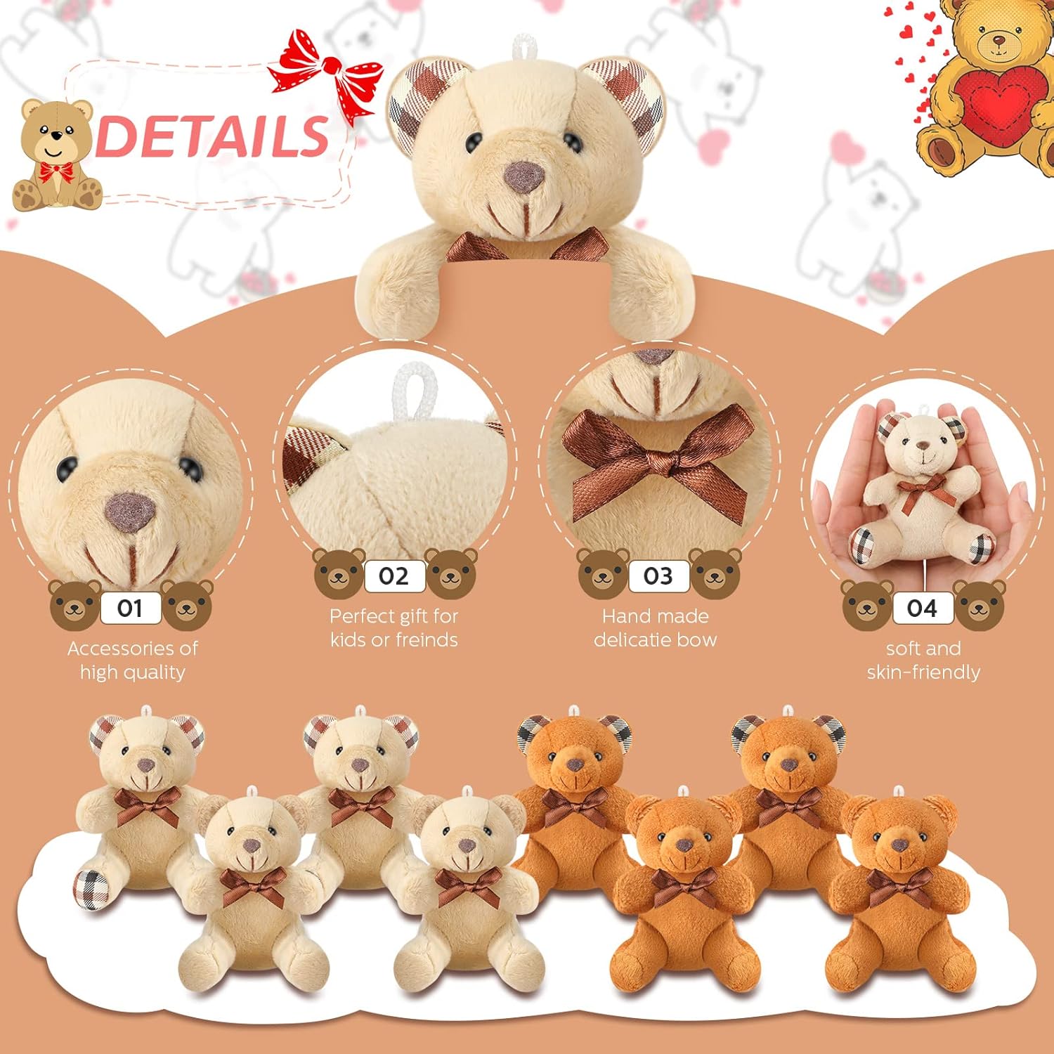 Skylety 16 Pcs Mini Plush Bear Bulk 4 Inch Bear Stuffed Animal Toy Doll Small Soft Keychain Gifts for Birthday Baby Shower Wedding Party Favor(Light Brown, Dark Brown)
