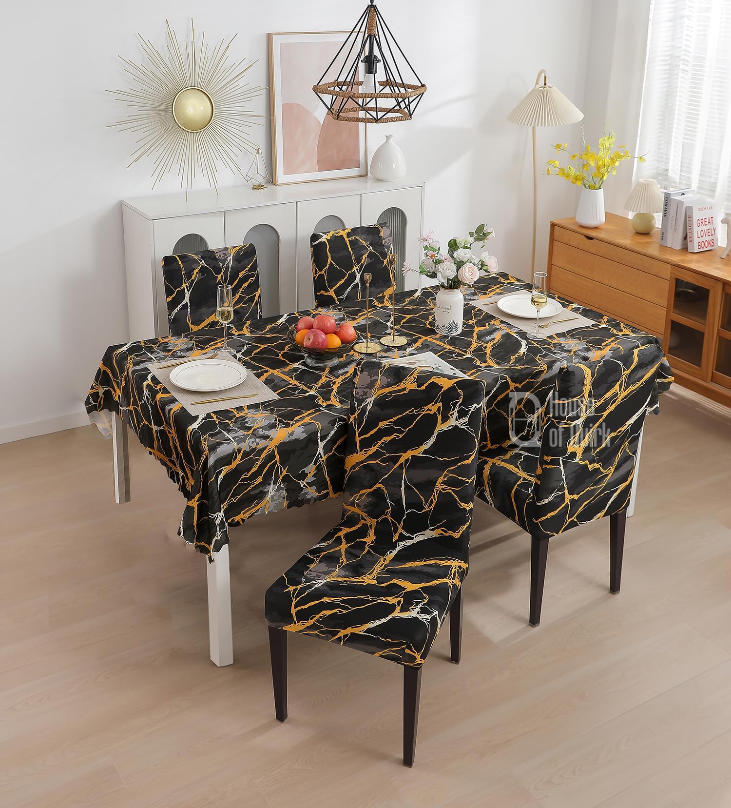 House of Quirk Polyvinyl Chloride (PVC) Dining Chair Cover With Rectangular Table Covers For Kitchen Waterproof Dining Table Cloth (Dark Sunrise, 1 Table Cover + 4 Chair Cover), Multicolor