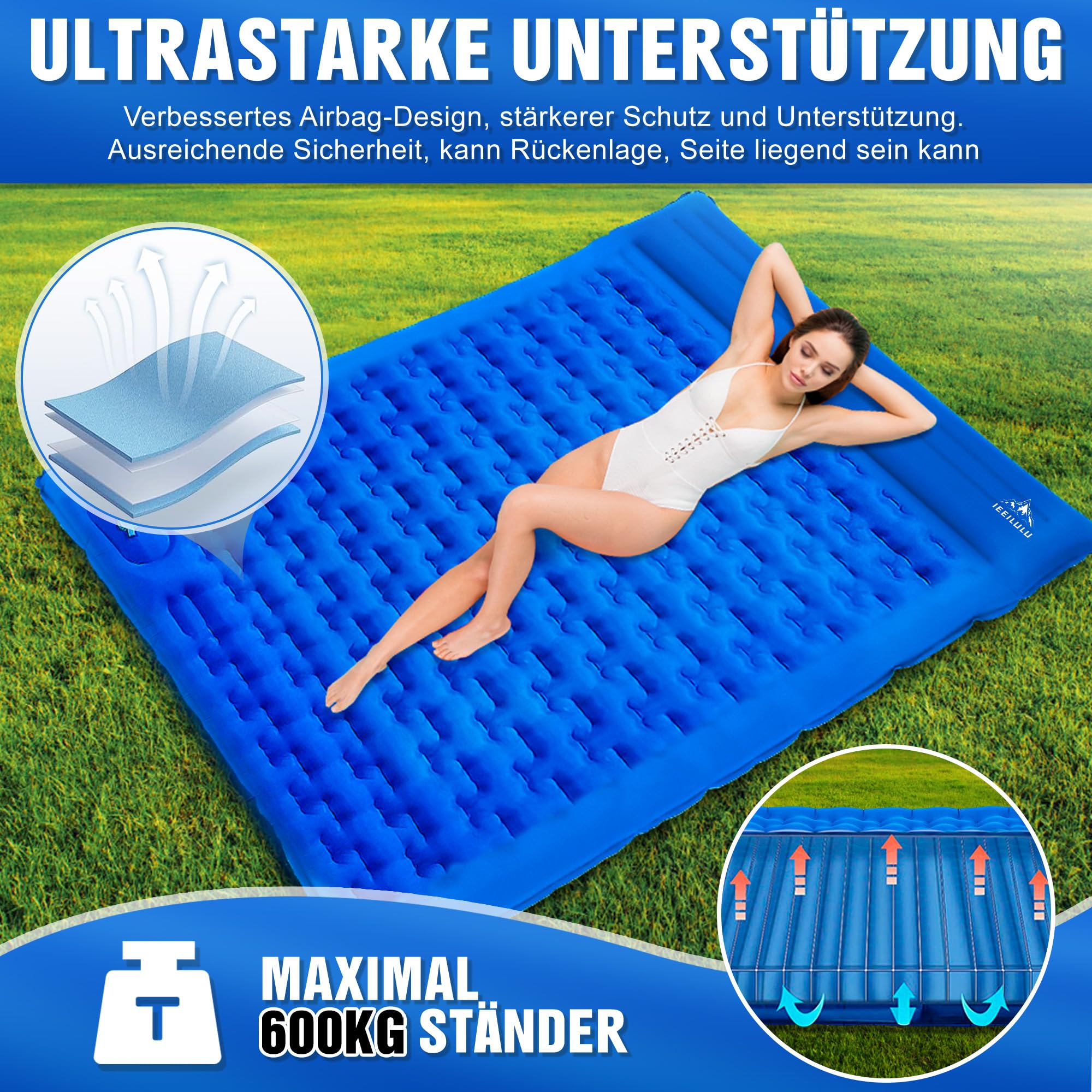 IEEILULU Isomatte 2 Personen, 196x140cm Matratze Camping, 12cm Verdickte Camping Isomatte, Aufblasbare Schlafmatten für Outdoor Wandern Zelt Backpacking (Blau)