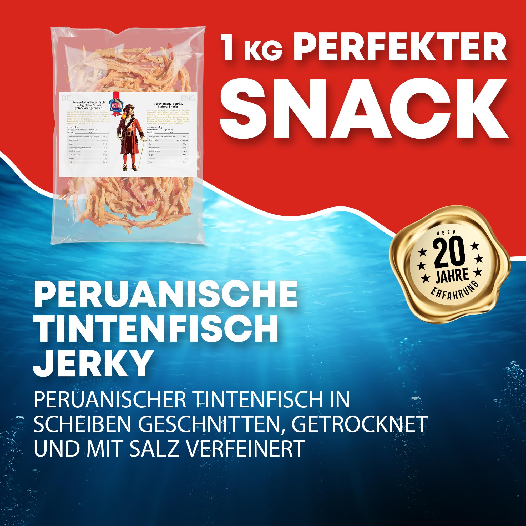 MSDM Peruanischer Tintenfisch 1kg - Fisch Jerky I High Protein I Snacks I Trockenfisch Omega 3 I Beef Jerky, Trockenfleisch & Chips Alternative Salat Topping