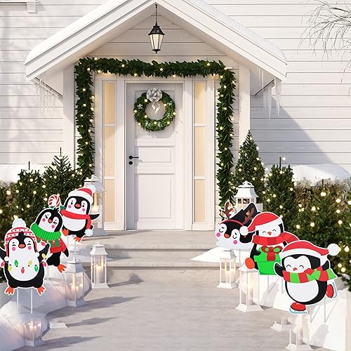 Miniatura 7 de Bucherry 6 carteles de pingüino de Navidad para patio, decoración de Navidad al aire libre, decoración de fiesta de Navidad para el hogar, césped,